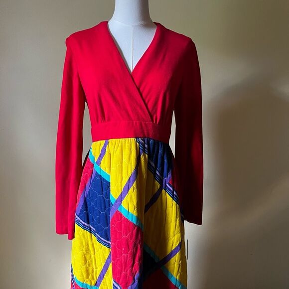 Handmade Vintage Maxi Dress Quilted Skirt Small Colorblock Patchwork Cottagecore - Picture 2 of 9